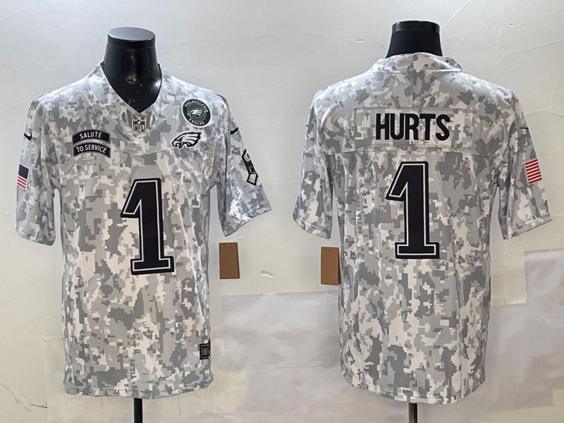 Men Philadelphia Eagles #1 Hurts Camo Nike 2025 Salute to Service Limited NFL Jersey style 3